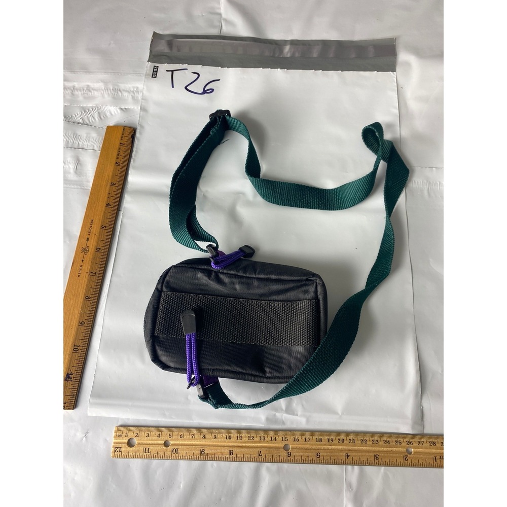 Black Nylon Crossbody Bag Small Sling Pouch with Green Strap